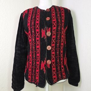 Allure Black & Red Southwest Chenille Jacket Size S – Vintage Boho Aztec Style